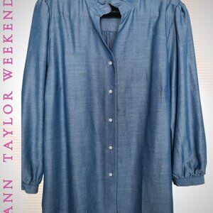 Ann Taylor Weekend | Chambray Ruffle Collar Button-Up Blouse - Size XL